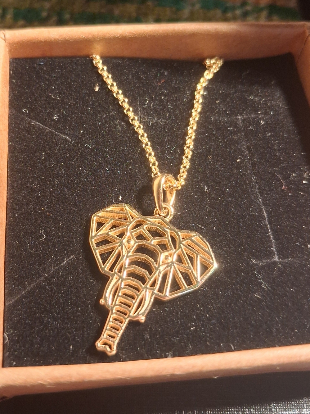 Gold-plated sterling silver geometric elephant pendant necklace, stamped 925